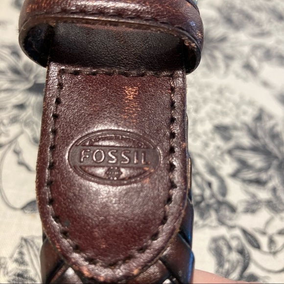 𝅺FOSSIL Sz  38/95 Braided Leather Belt Buckle 2.5 x 2.5” - Picture 4 of 5